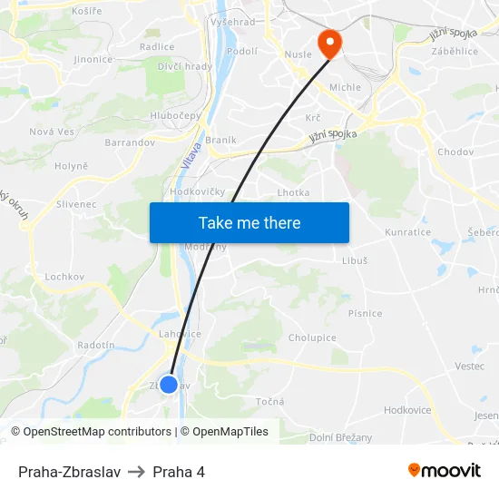Praha-Zbraslav to Praha 4 map