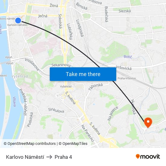 Karlovo Náměstí to Praha 4 map