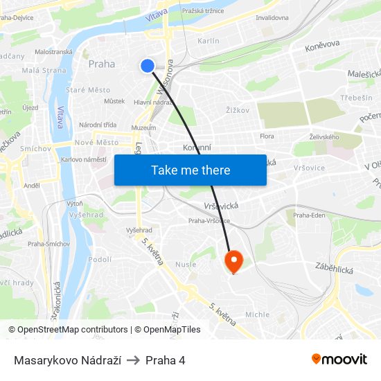 Masarykovo Nádraží to Praha 4 map