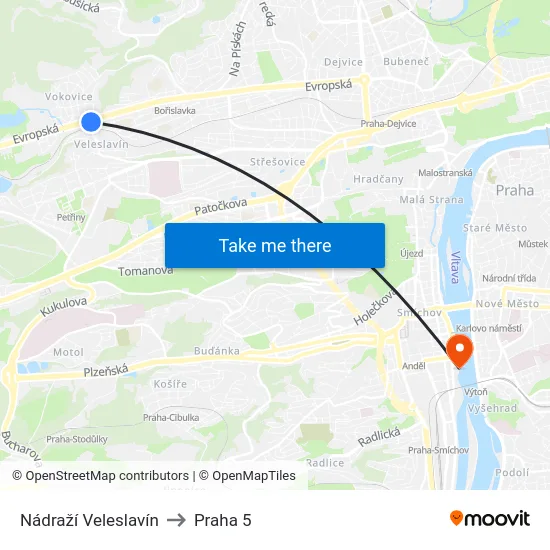 Nádraží Veleslavín to Praha 5 map