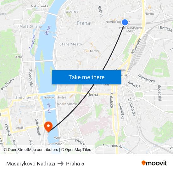 Masarykovo Nádraží to Praha 5 map