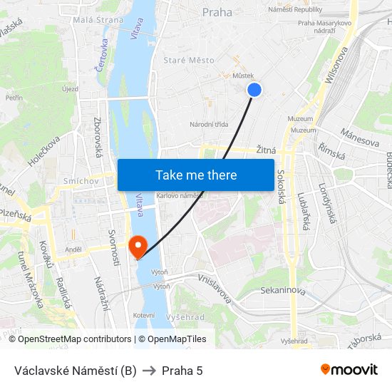 Václavské Náměstí (B) to Praha 5 map