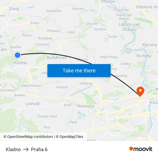 Kladno to Praha 6 map