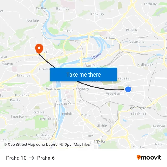 Praha 10 to Praha 6 map