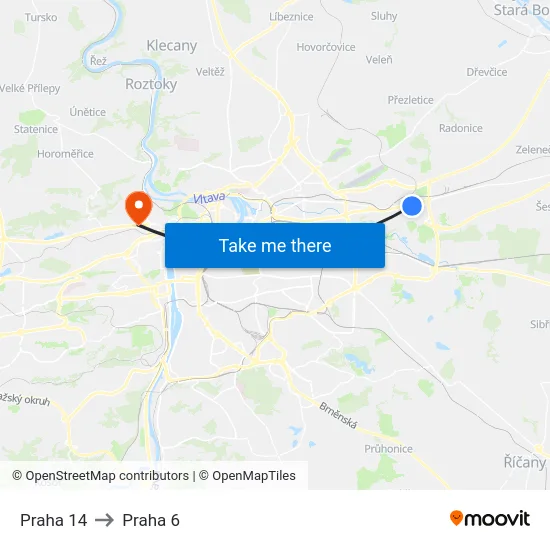 Praha 14 to Praha 6 map