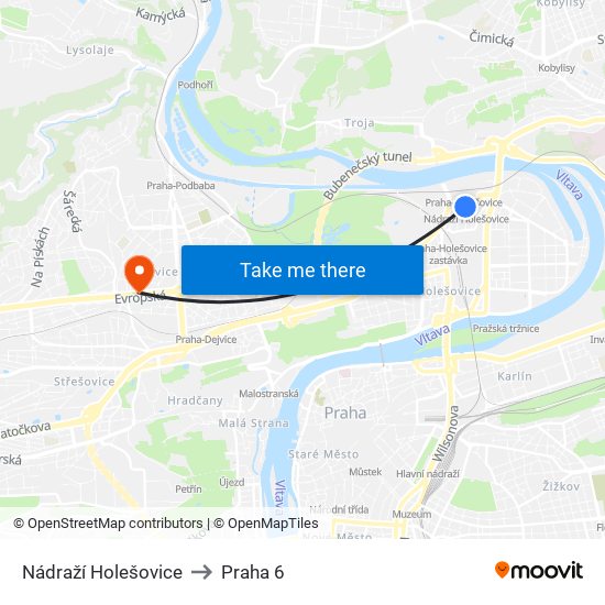 Nádraží Holešovice to Praha 6 map