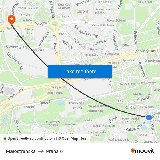 Malostranská to Praha 6 map