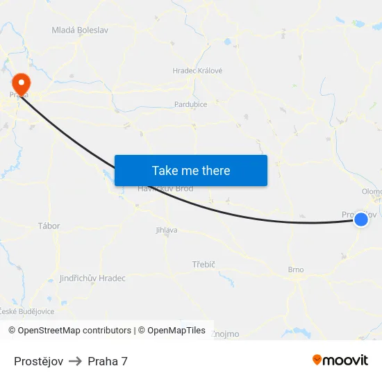 Prostějov to Praha 7 map