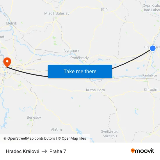 Hradec Králové to Praha 7 map