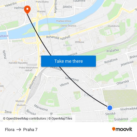Flora to Praha 7 map