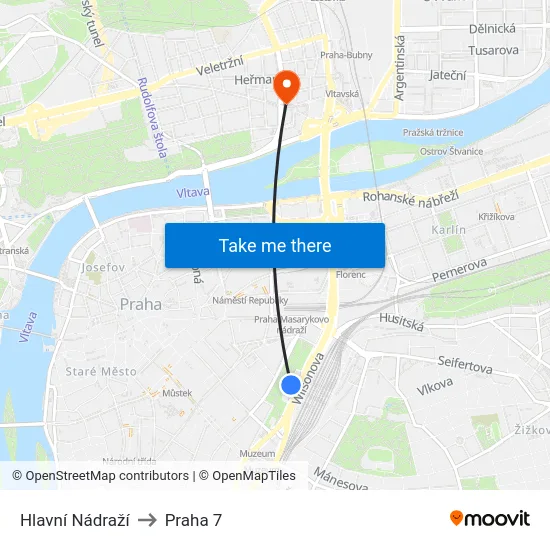 Hlavní Nádraží to Praha 7 map