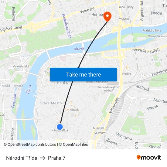 Národní Třída to Praha 7 map