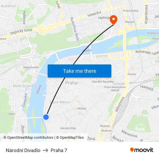 Národní Divadlo to Praha 7 map