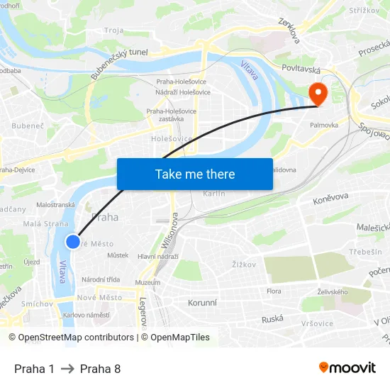 Praha 1 to Praha 8 map