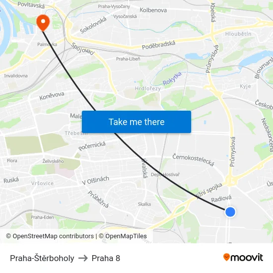 Praha-Štěrboholy to Praha 8 map