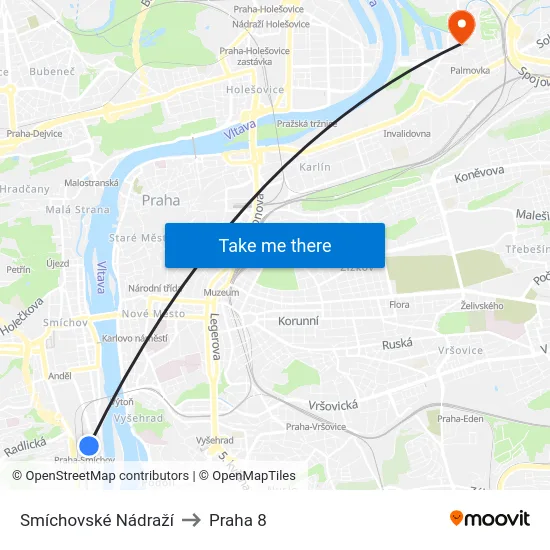 Smíchovské Nádraží to Praha 8 map