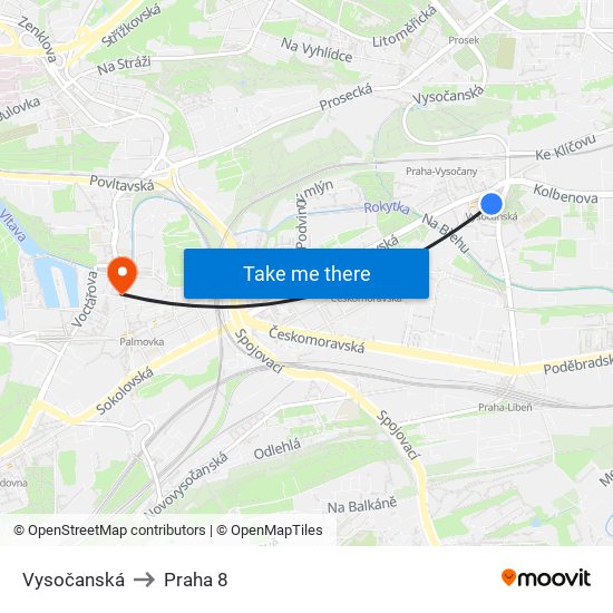 Vysočanská to Praha 8 map