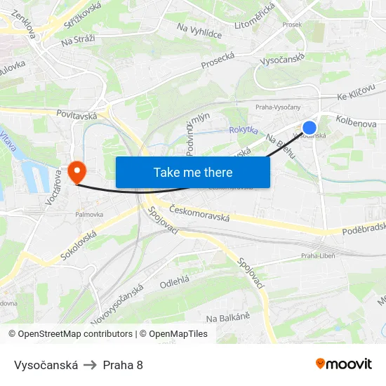 Vysočanská to Praha 8 map
