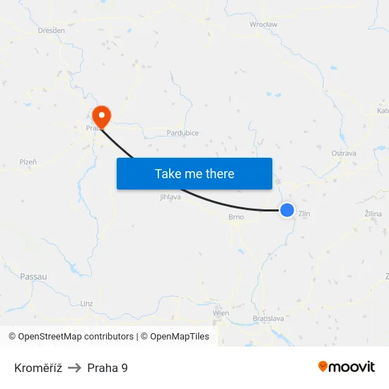 Kroměříž to Praha 9 map