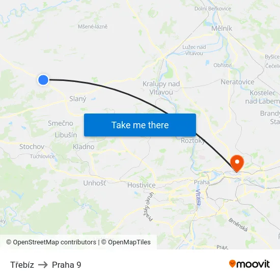 Třebíz to Praha 9 map