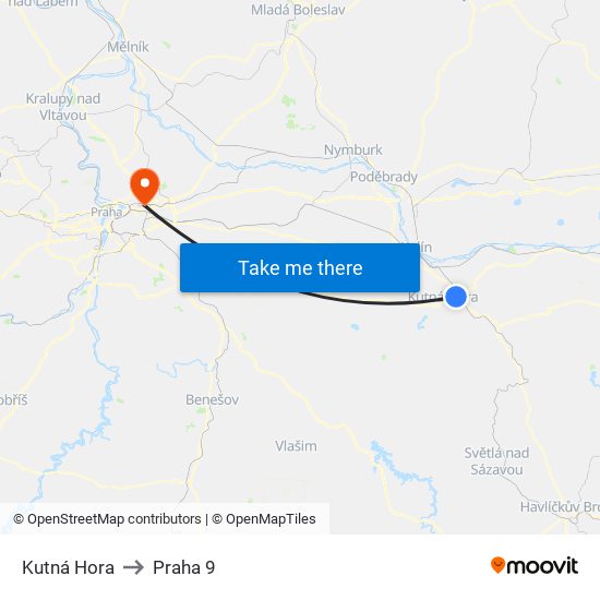 Kutná Hora to Praha 9 map