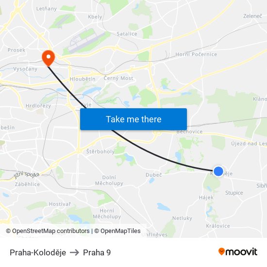 Praha-Koloděje to Praha 9 map