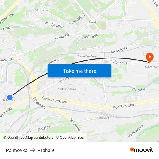 Palmovka to Praha 9 map