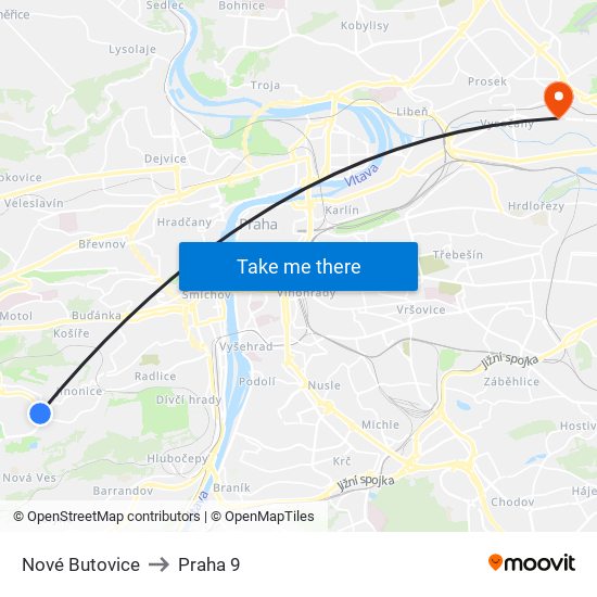 Nové Butovice to Praha 9 map