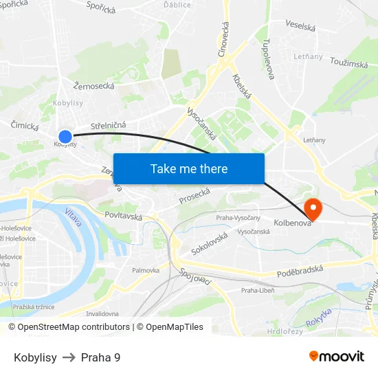 Kobylisy to Praha 9 map