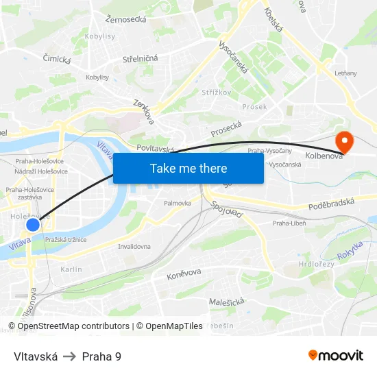 Vltavská to Praha 9 map
