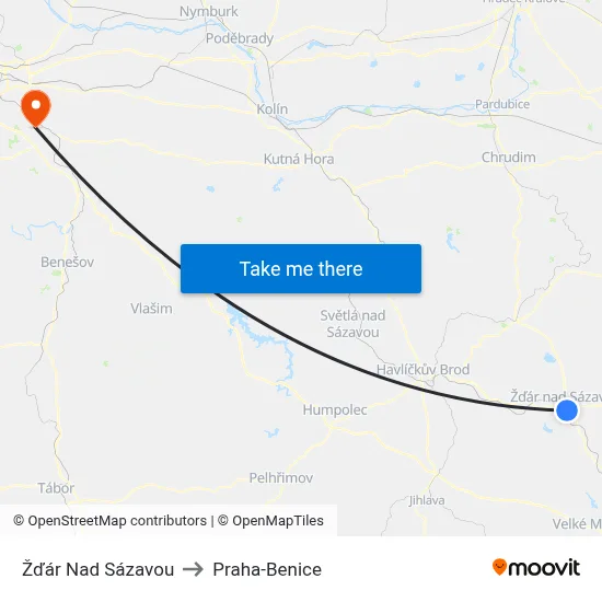 Žďár Nad Sázavou to Praha-Benice map