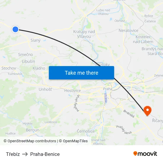 Třebíz to Praha-Benice map