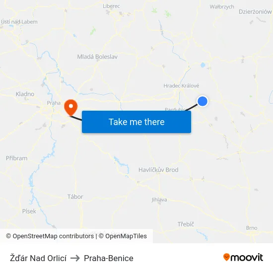 Žďár Nad Orlicí to Praha-Benice map