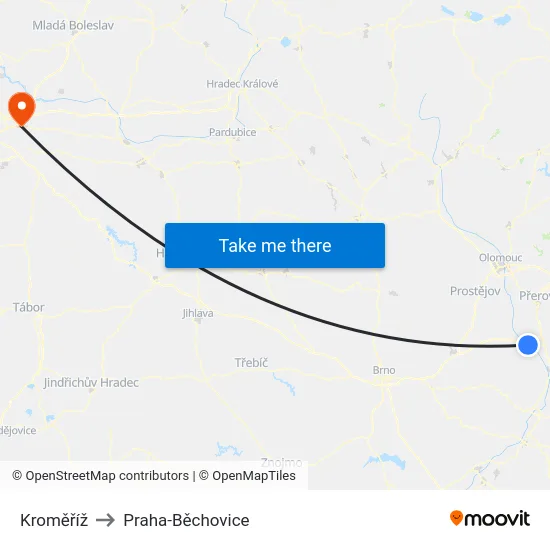 Kroměříž to Praha-Běchovice map