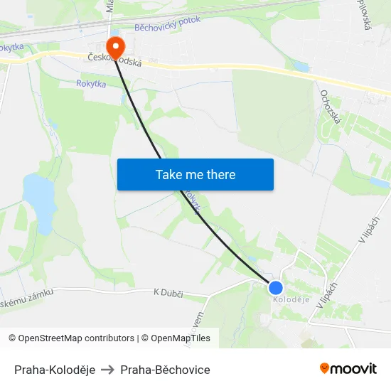 Praha-Koloděje to Praha-Běchovice map