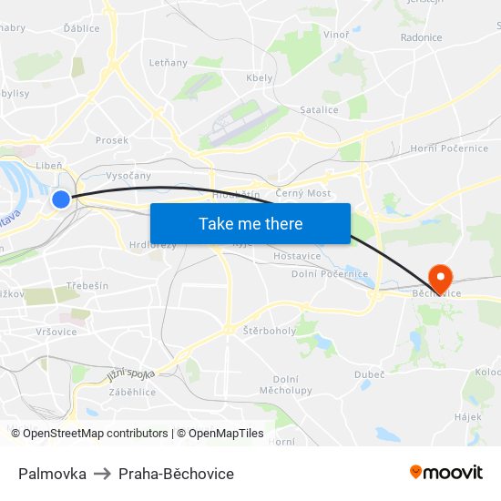 Palmovka to Praha-Běchovice map