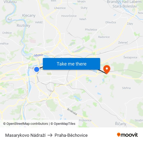 Masarykovo Nádraží to Praha-Běchovice map