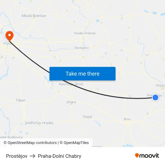 Prostějov to Praha-Dolní Chabry map