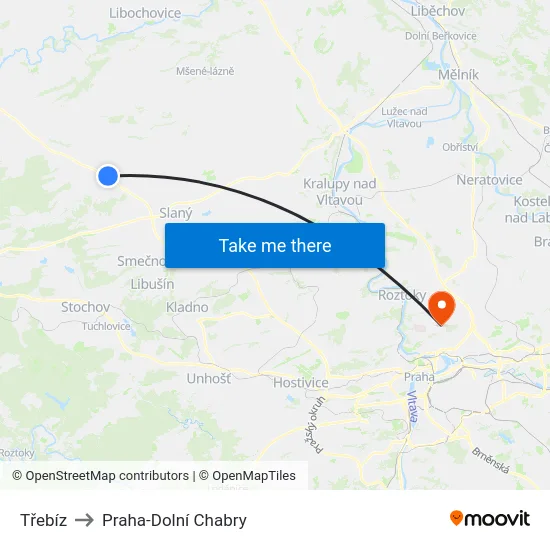 Třebíz to Praha-Dolní Chabry map