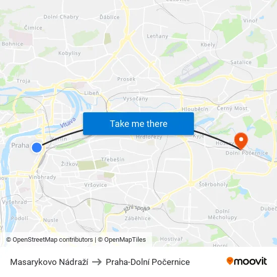 Masarykovo Nádraží to Praha-Dolní Počernice map