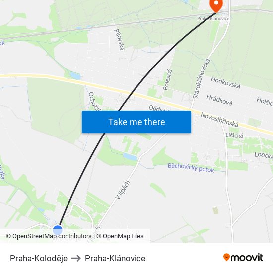 Praha-Koloděje to Praha-Klánovice map