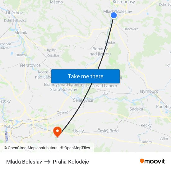 Mladá Boleslav to Praha-Koloděje map