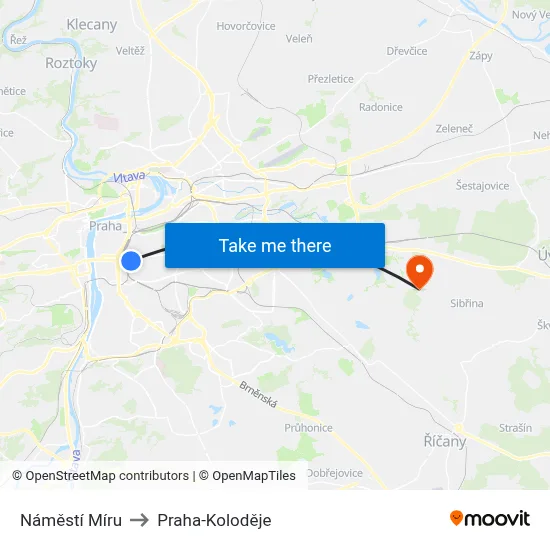 Náměstí Míru to Praha-Koloděje map