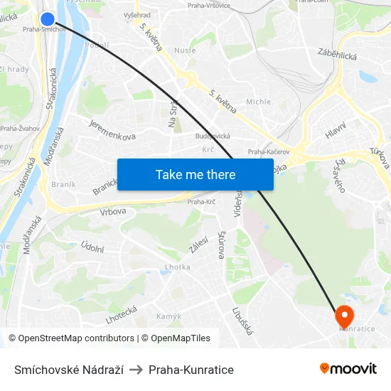 Smíchovské Nádraží to Praha-Kunratice map