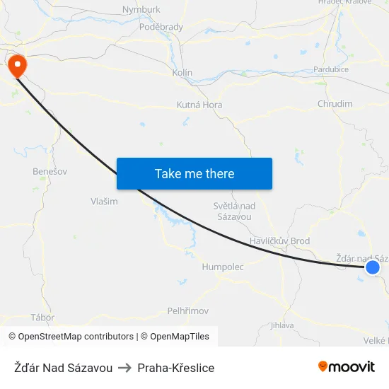 Žďár Nad Sázavou to Praha-Křeslice map