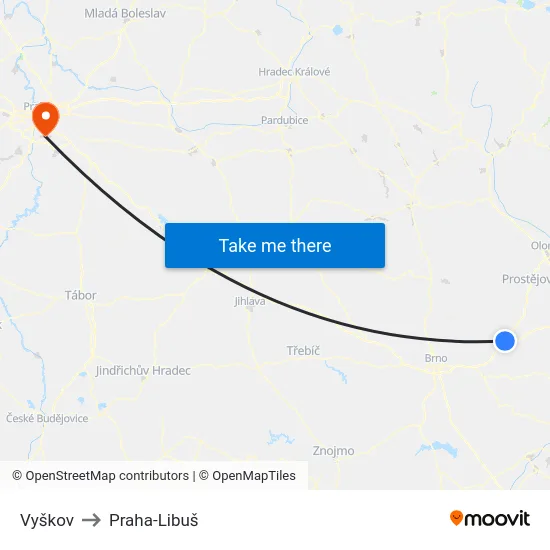 Vyškov to Praha-Libuš map