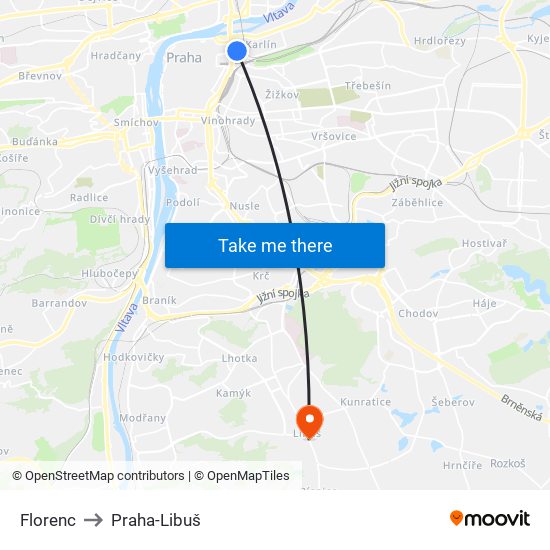 Florenc to Praha-Libuš map
