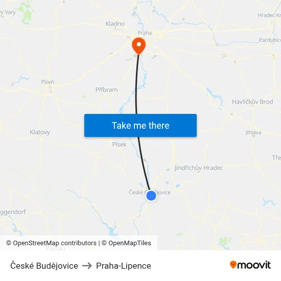 České Budějovice to Praha-Lipence map