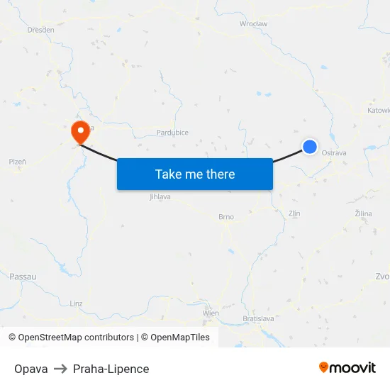 Opava to Praha-Lipence map