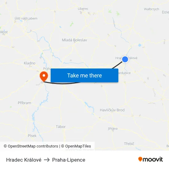 Hradec Králové to Praha-Lipence map